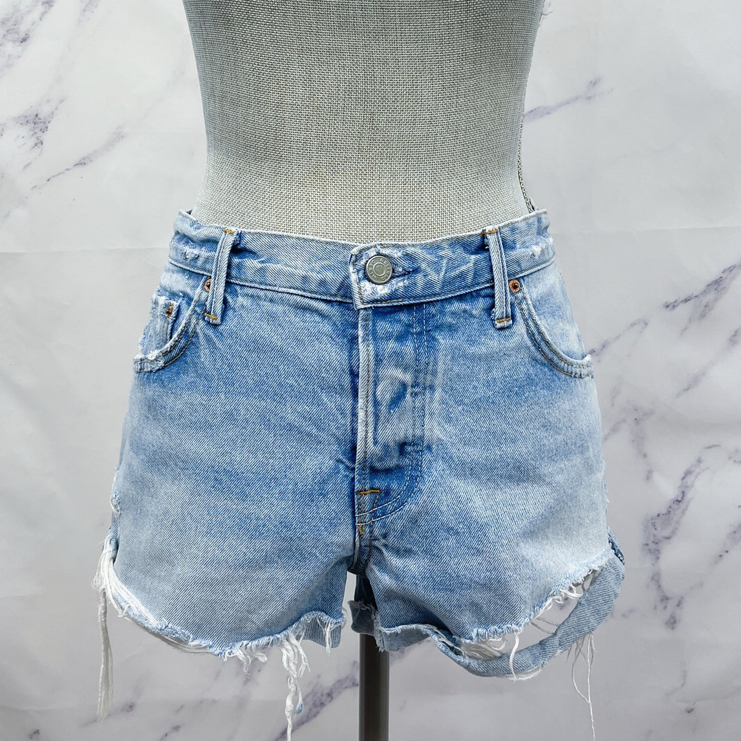 GRLFRND | “Adriana” Button Fly Roll Hem Cut Off Denim Shorts
