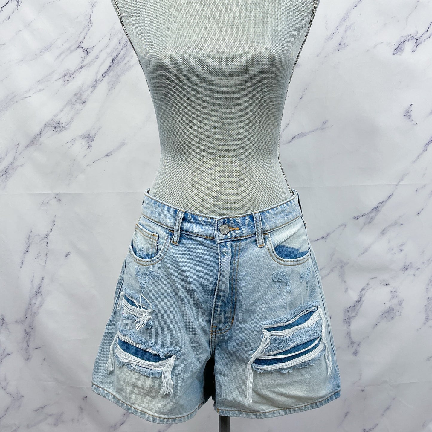 Cello | Light Wash Distressed Cut-Out Denim Shorts