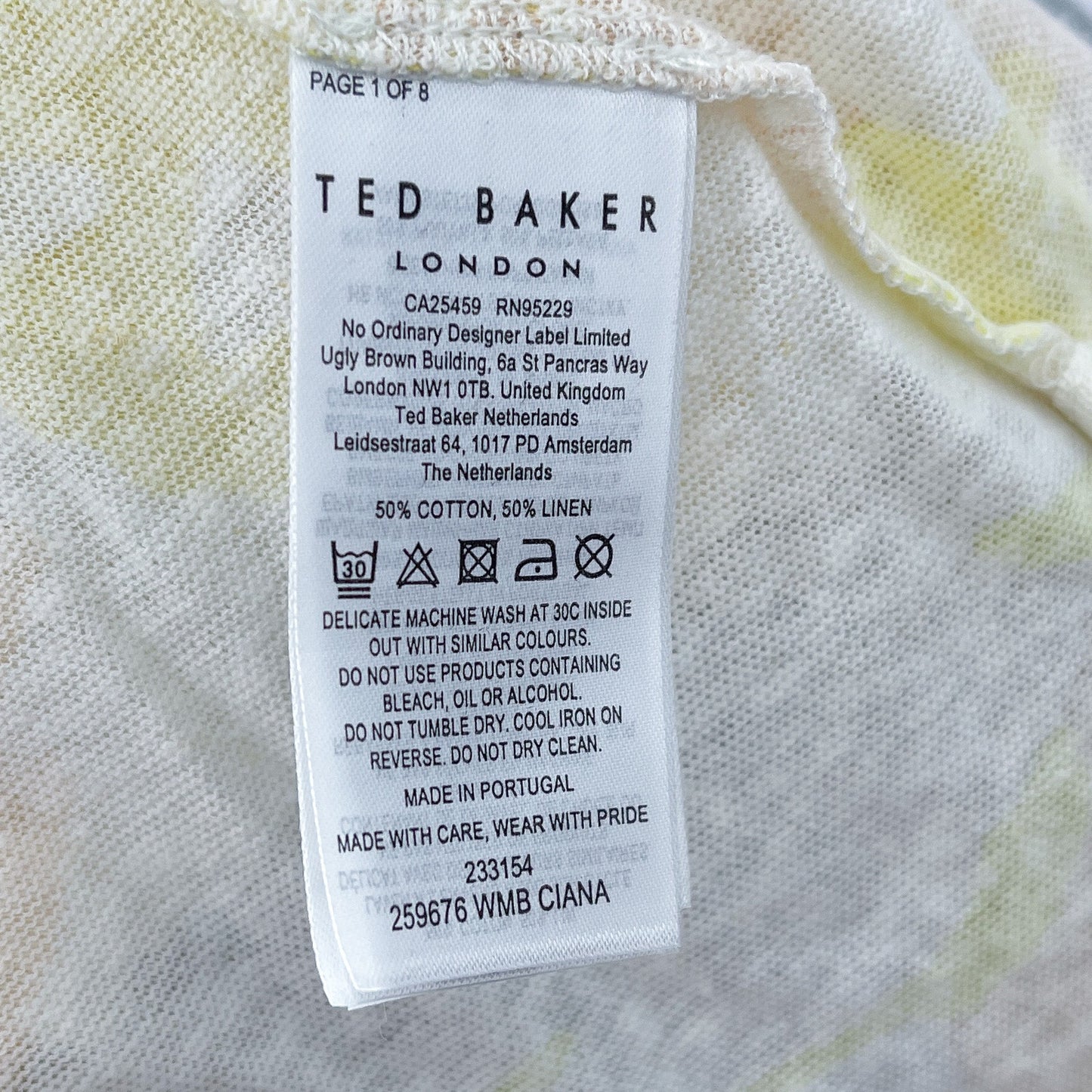 Ted Baker London | Ciana V-Neck Floral Linen/Cotton Blend T-Shirt | US 8 (S/M)