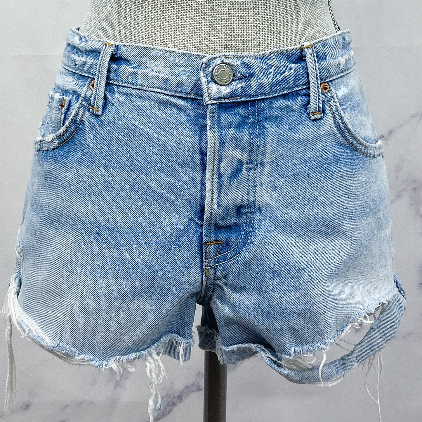 GRLFRND | “Adriana” Button Fly Roll Hem Cut Off Denim Shorts