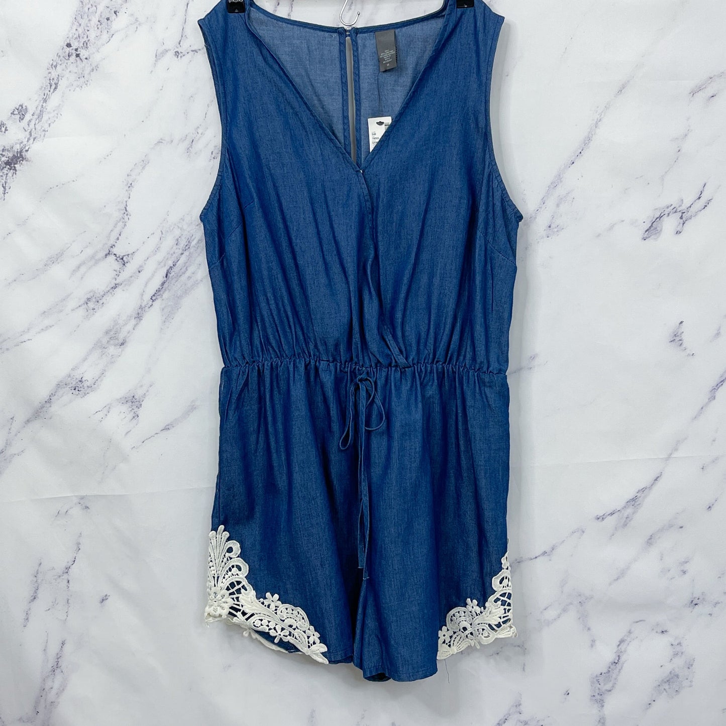Boutique Chambray Romper with Crochet Detail | 1X