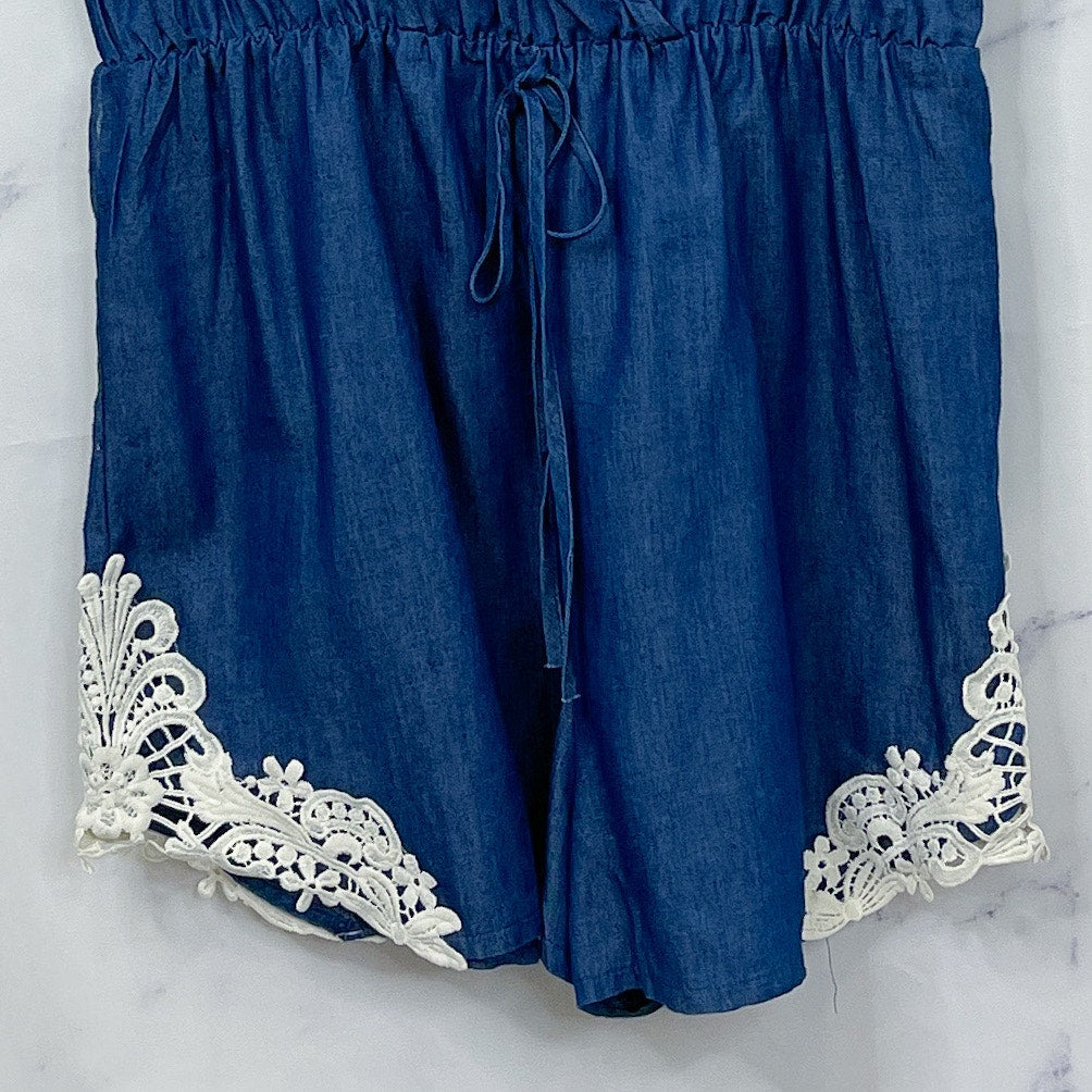 Boutique Chambray Romper with Crochet Detail | 1X
