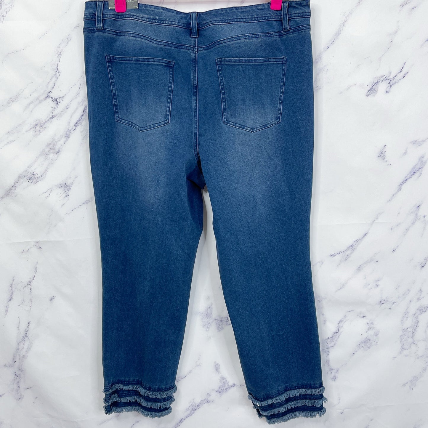 John Mark | “Carnival” High Rise Skinny Dark Denim Fringe Cuff Jeans | 18W