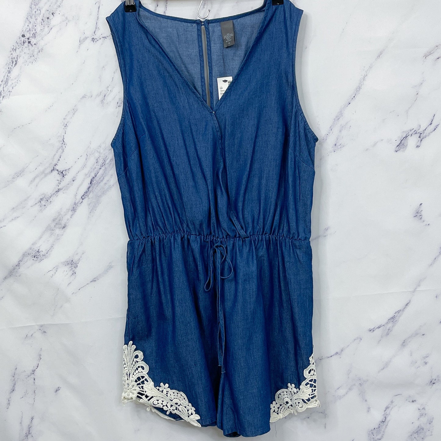 Boutique Chambray Romper with Crochet Detail | 1X