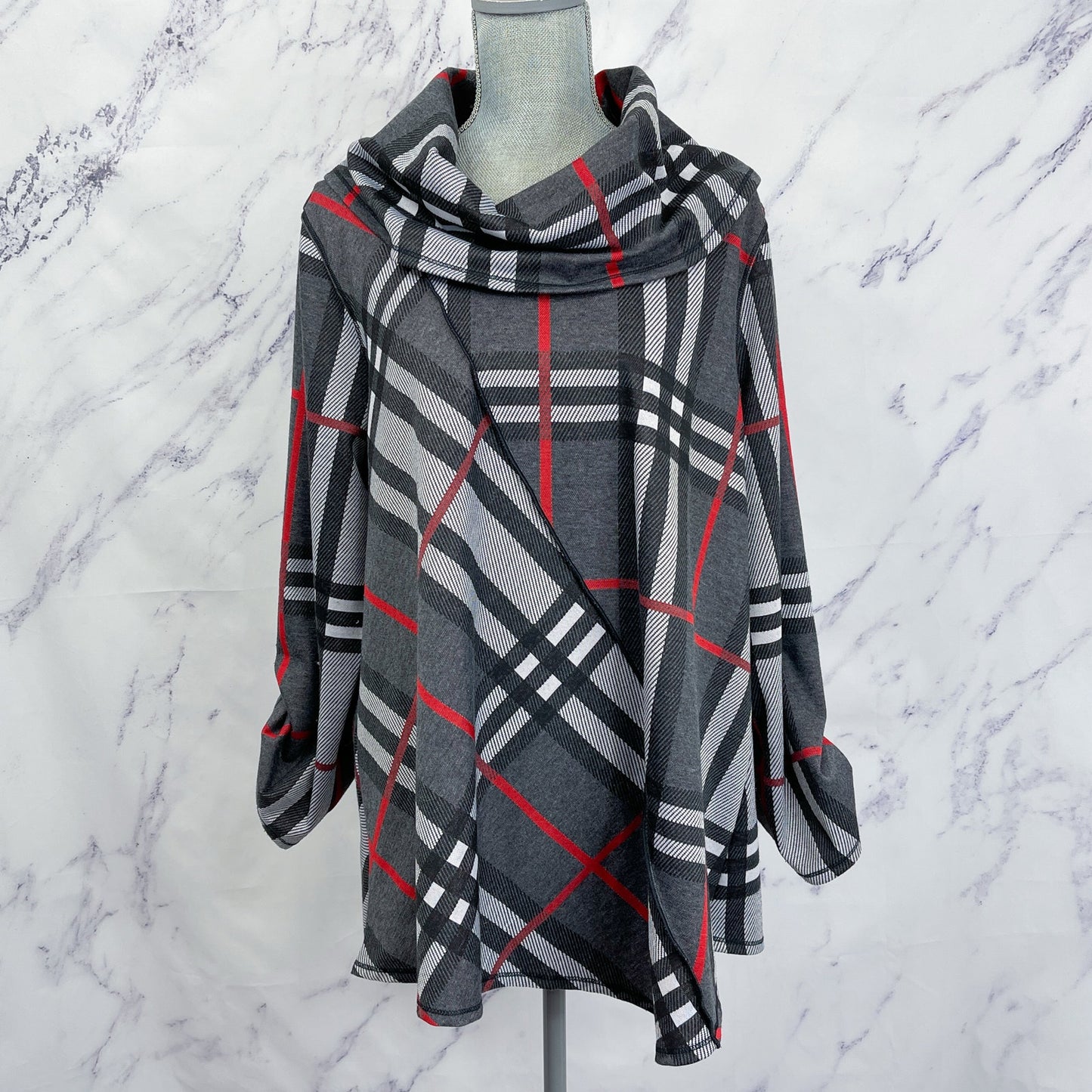 Ali Miles | Plaid Print Cowl Neckline 3/4 Sleeve Poncho | 1X