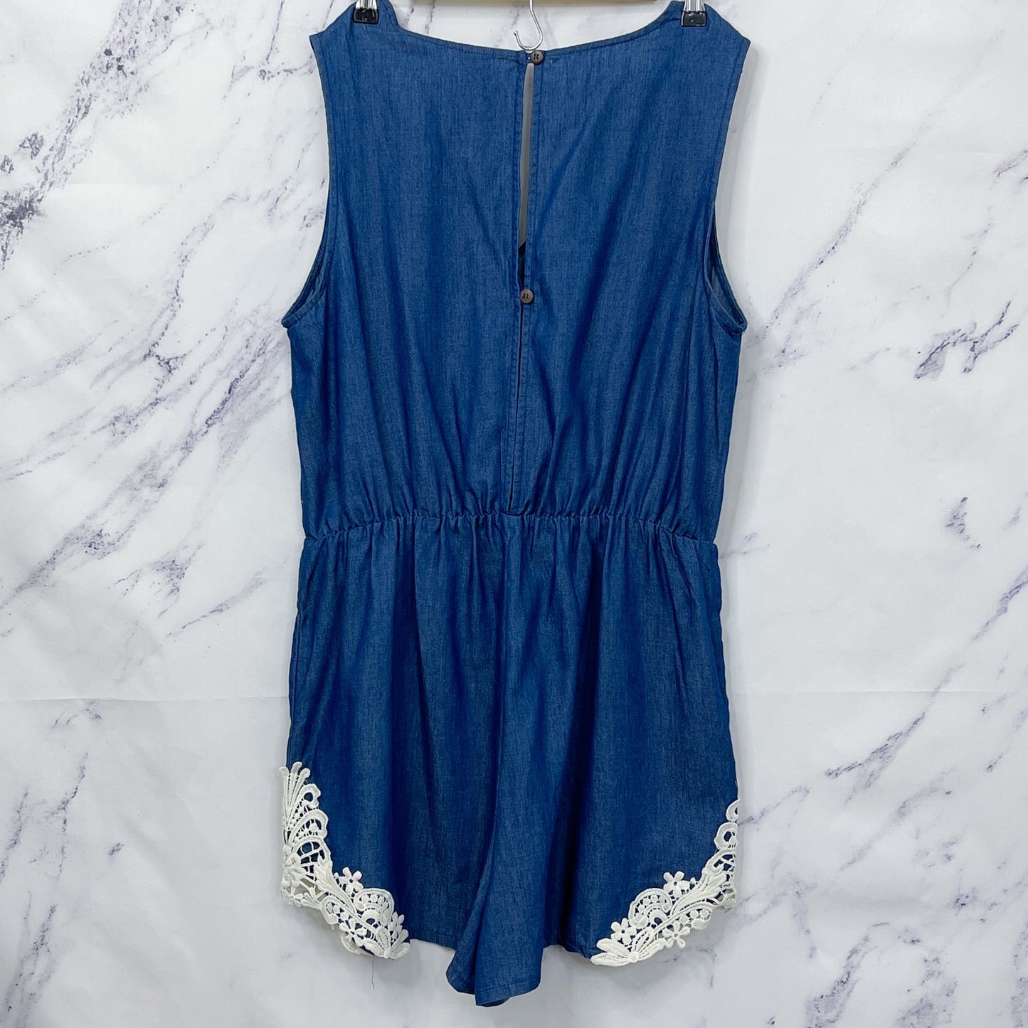 Boutique Chambray Romper with Crochet Detail | 1X