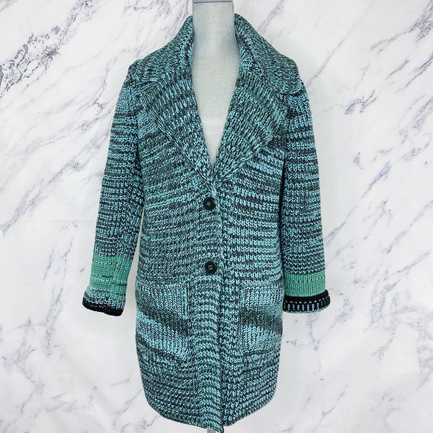 Missoni | Long Chunky Cashmere & Wool Cardigan Coat | Blue/Green | Sz IT 40