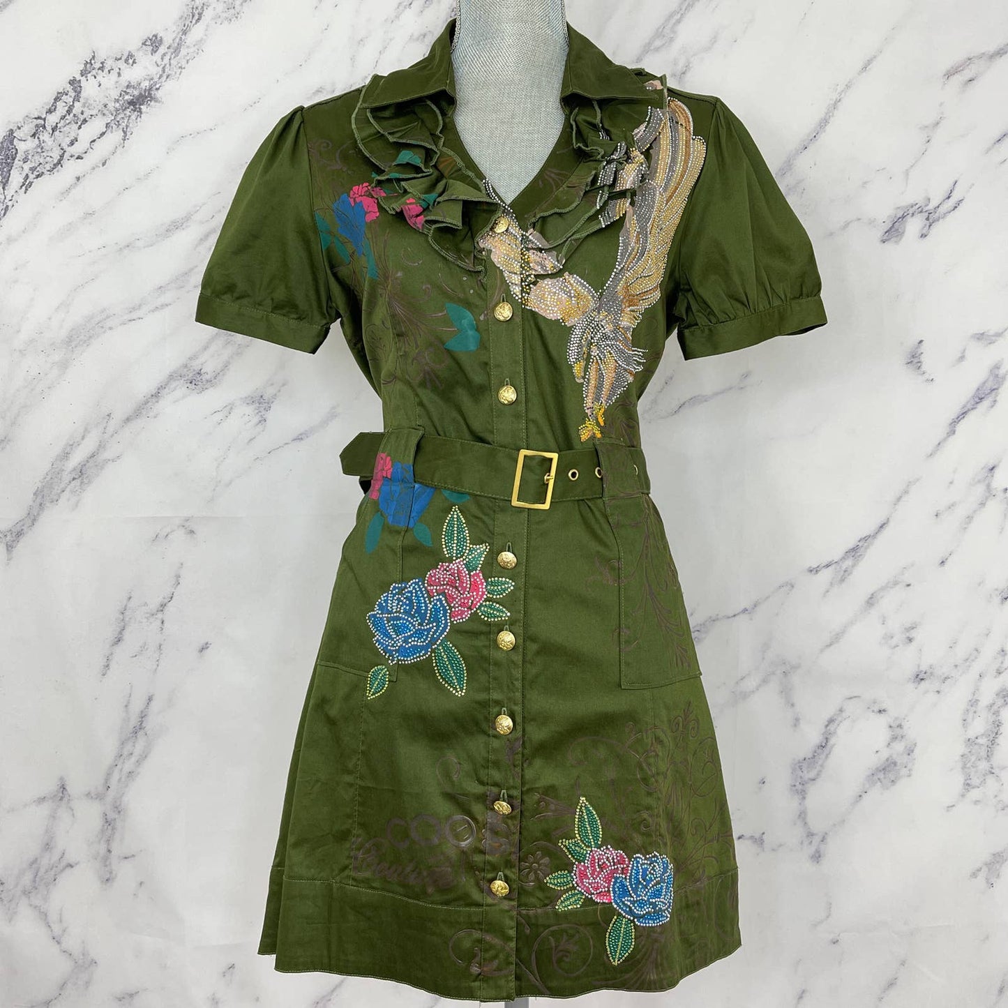 COOGI | Couture Embellished Floral Belted Button-Up Mini Dress | Sz XL