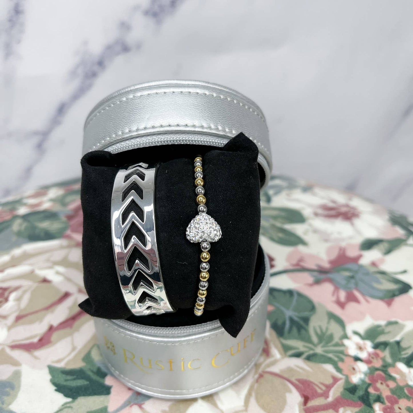 Rustic Cuff | Lucy Set - Chevron Bangle / Beaded Bracelet