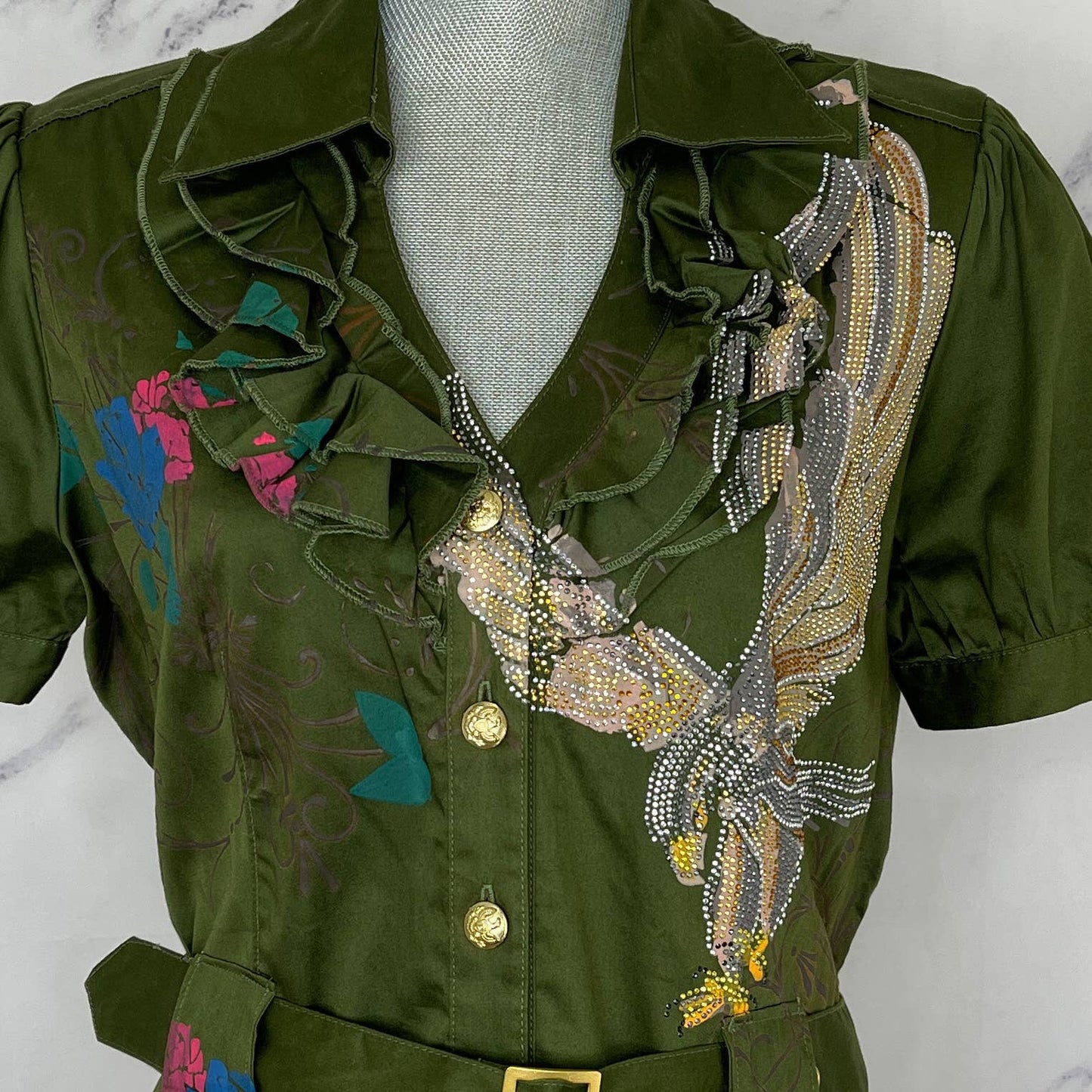 COOGI | Couture Embellished Floral Belted Button-Up Mini Dress | Sz XL