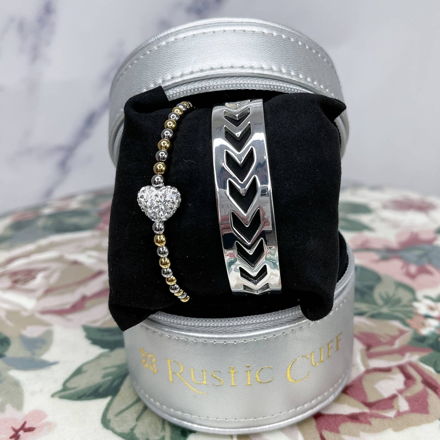Rustic Cuff | Lucy Set - Chevron Bangle / Beaded Bracelet