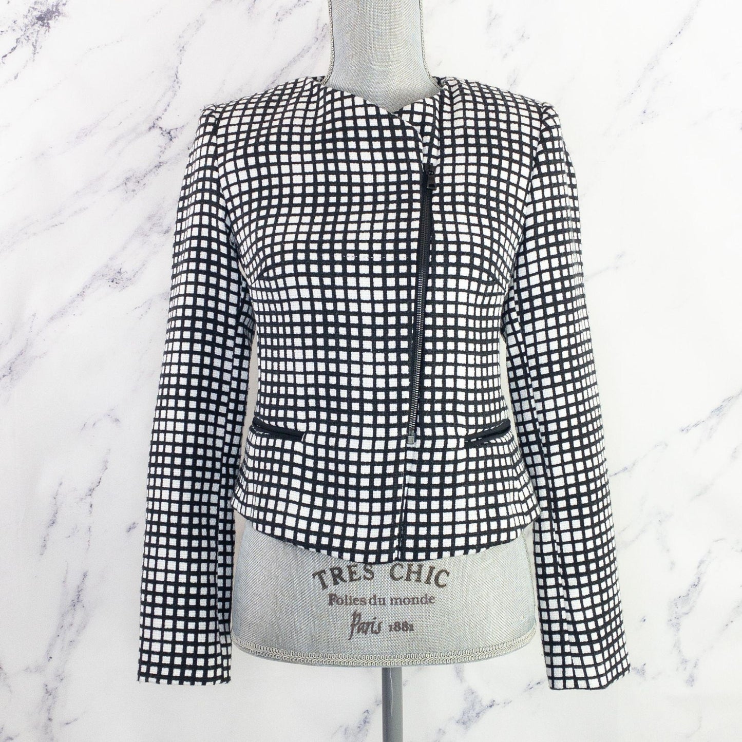 L'Agence | Asymmetrical Zipper Blazer Jacket | Black/White | Sz 0