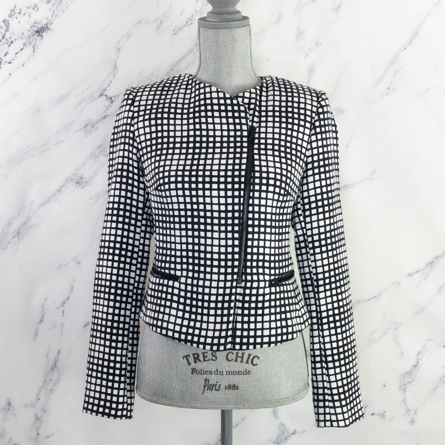 L'Agence | Asymmetrical Zipper Blazer Jacket | Black/White | Sz 0