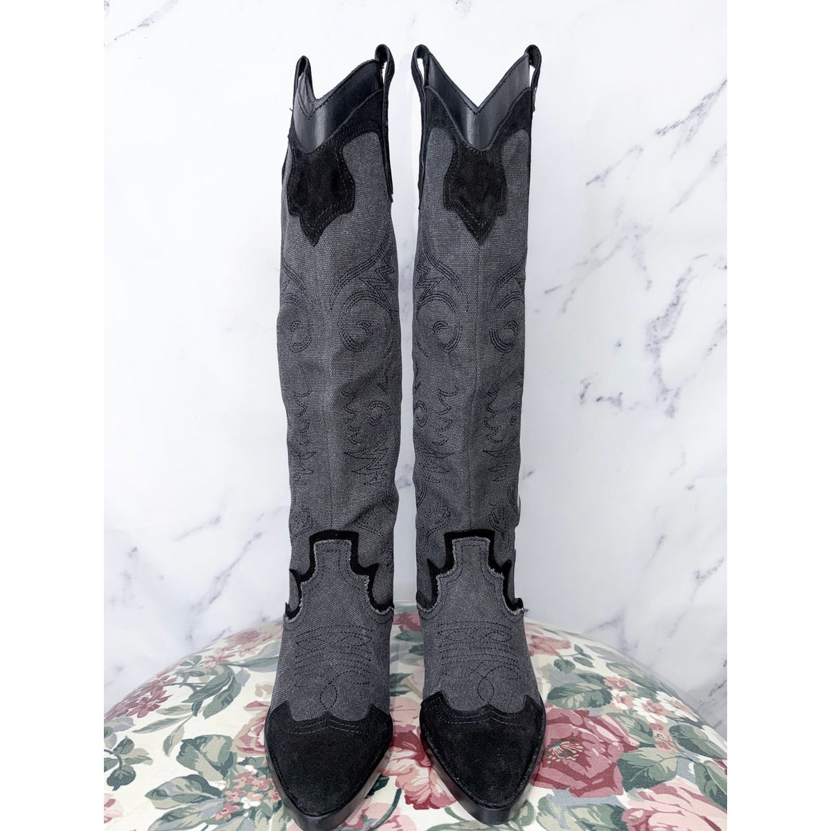 Zara | Denim Suede Embroidered Heeled Cowboy Boots | 39 (US 8)
