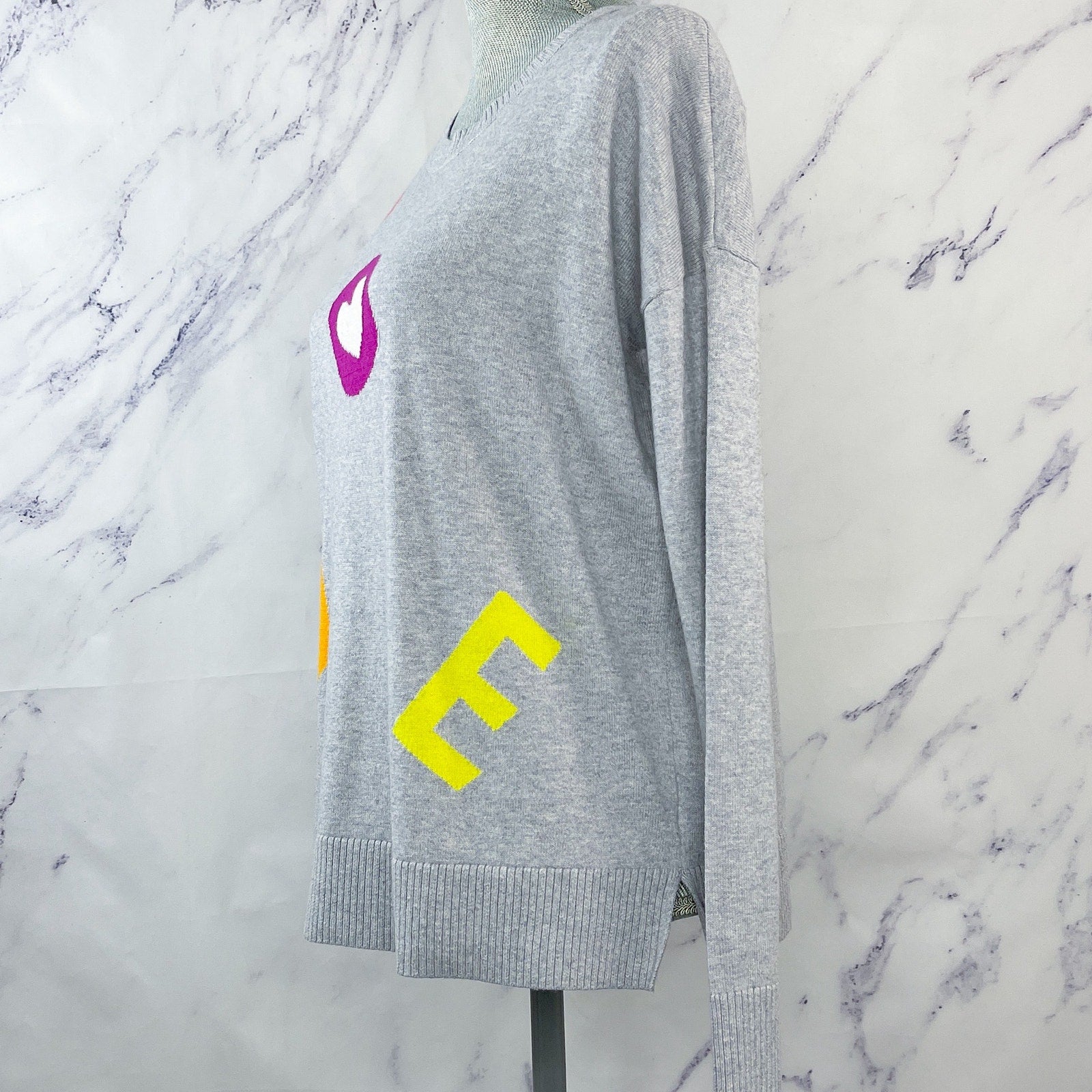 Lisa Todd L Scattered Love Grey (Platinum) Sweater Lightweight Pullover $210 store NWT