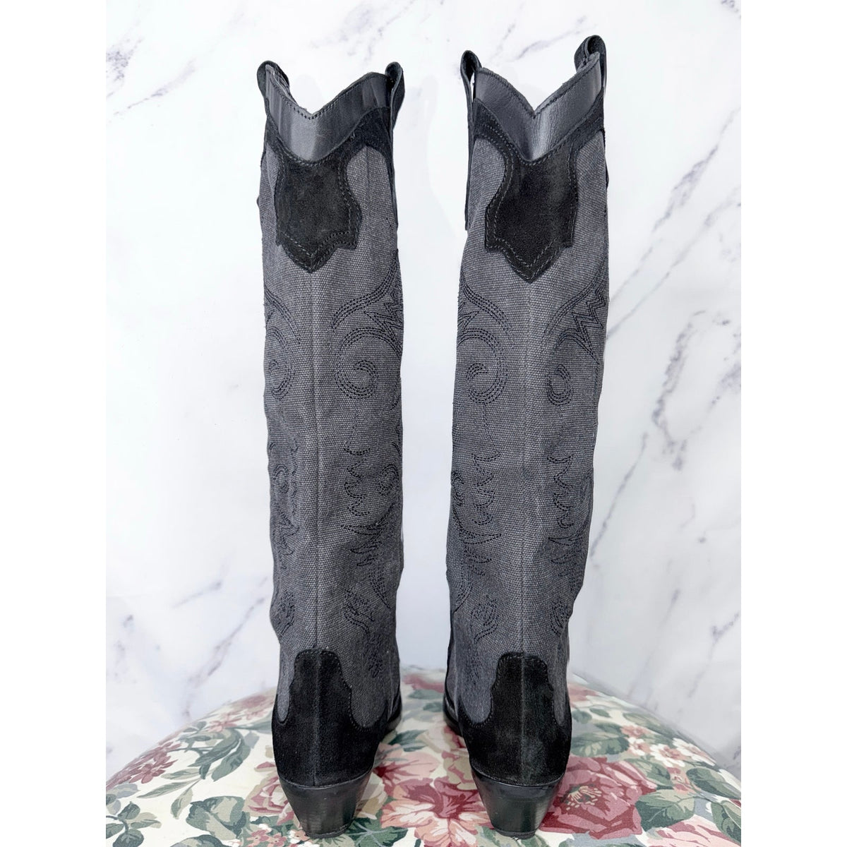 Zara | Denim Suede Embroidered Heeled Cowboy Boots | 39 (US 8)
