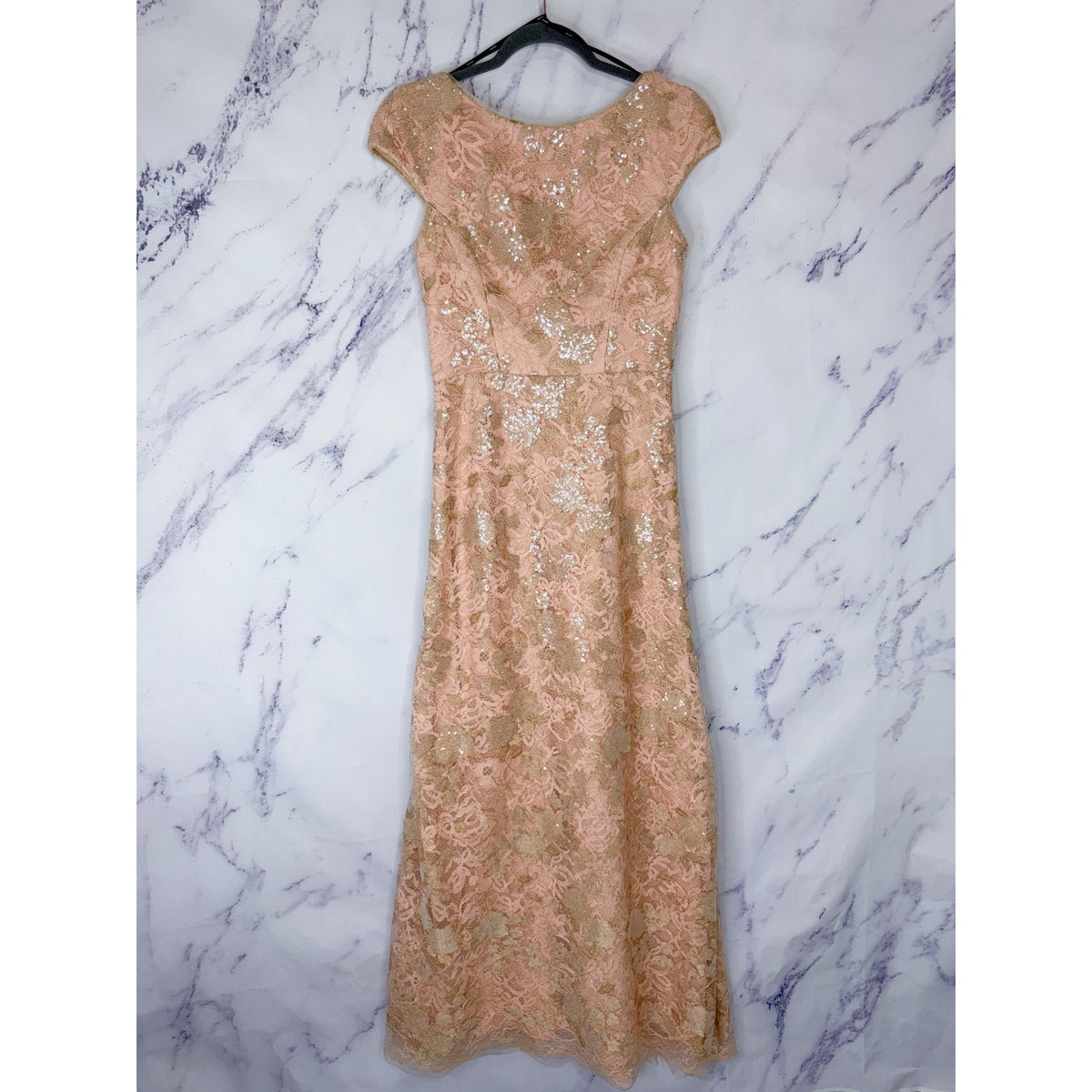 Vera Wang | Rose Gold Cap Sleeve Sequin Lace Gown | 4