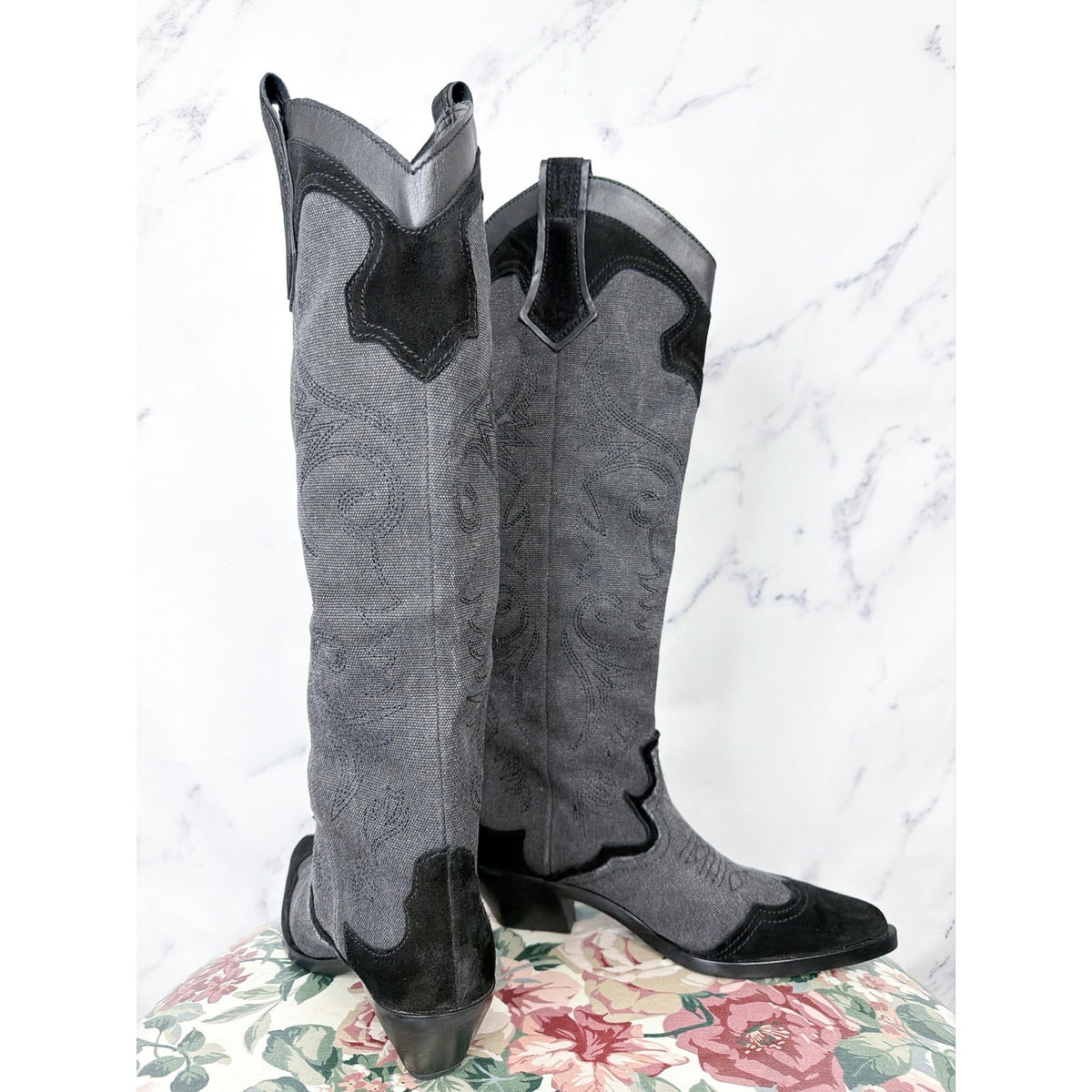 Zara | Denim Suede Embroidered Heeled Cowboy Boots | 39 (US 8)