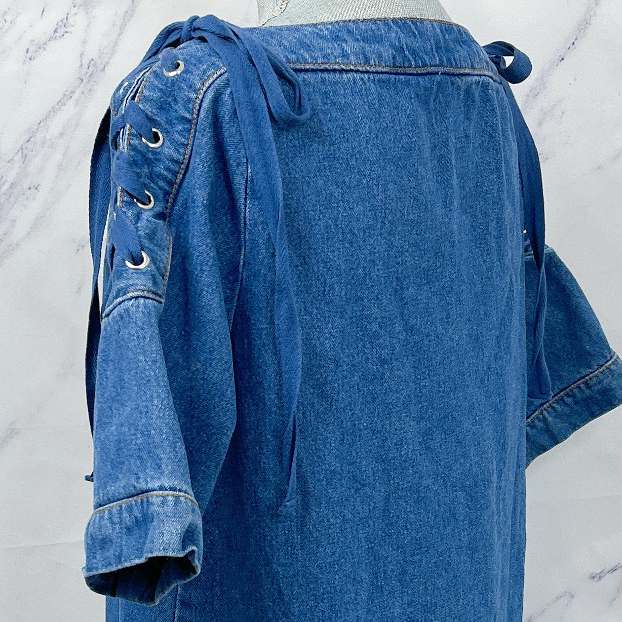 Anthropologie | Maeve | Denim Mini Shift Dress with Lace-Up and Tie Shoulders