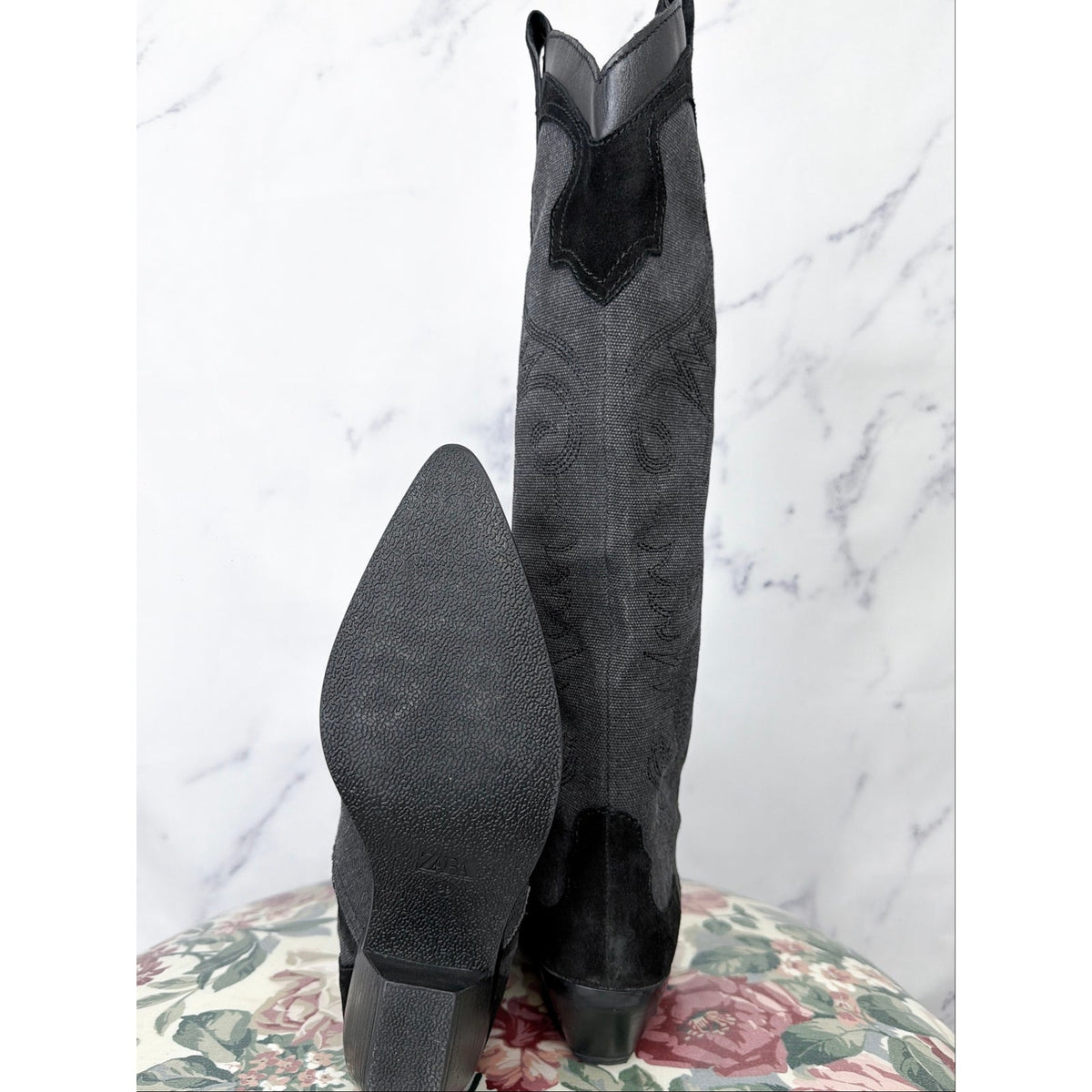 Zara | Denim Suede Embroidered Heeled Cowboy Boots | 39 (US 8)