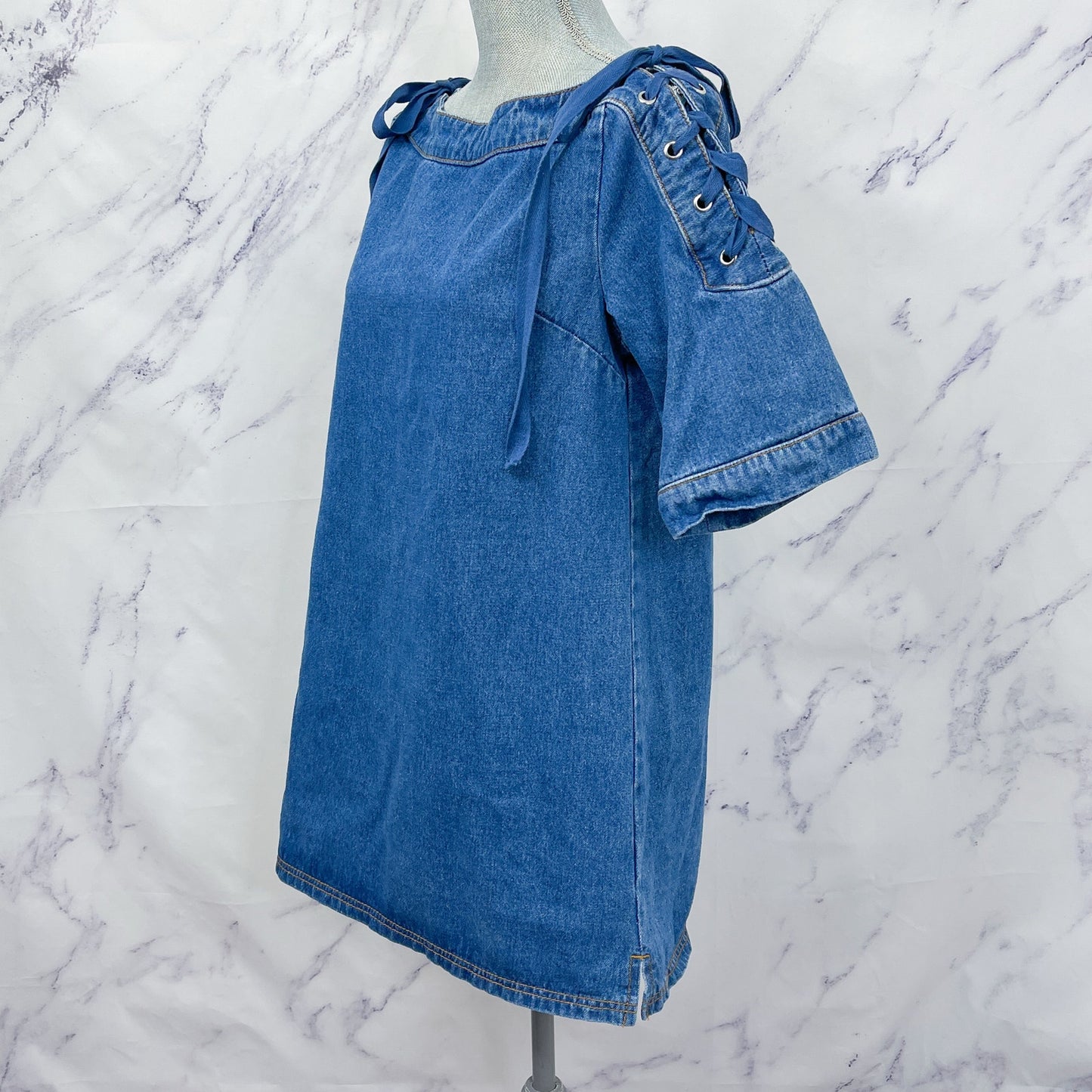 Anthropologie | Maeve | Denim Mini Shift Dress with Lace-Up and Tie Shoulders