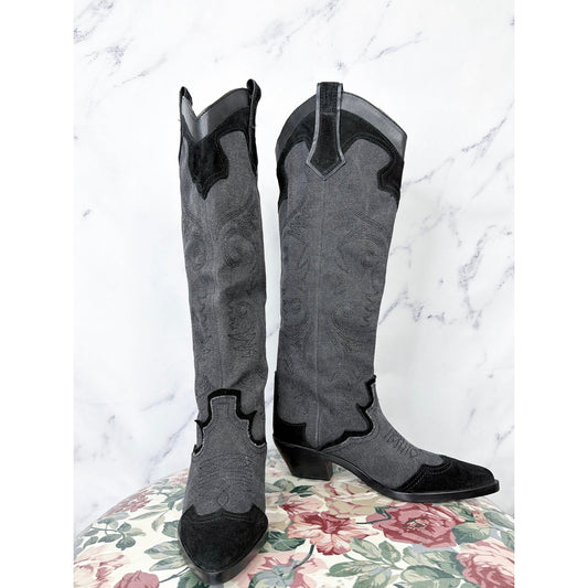 Zara | Denim Suede Embroidered Heeled Cowboy Boots | 39 (US 8)