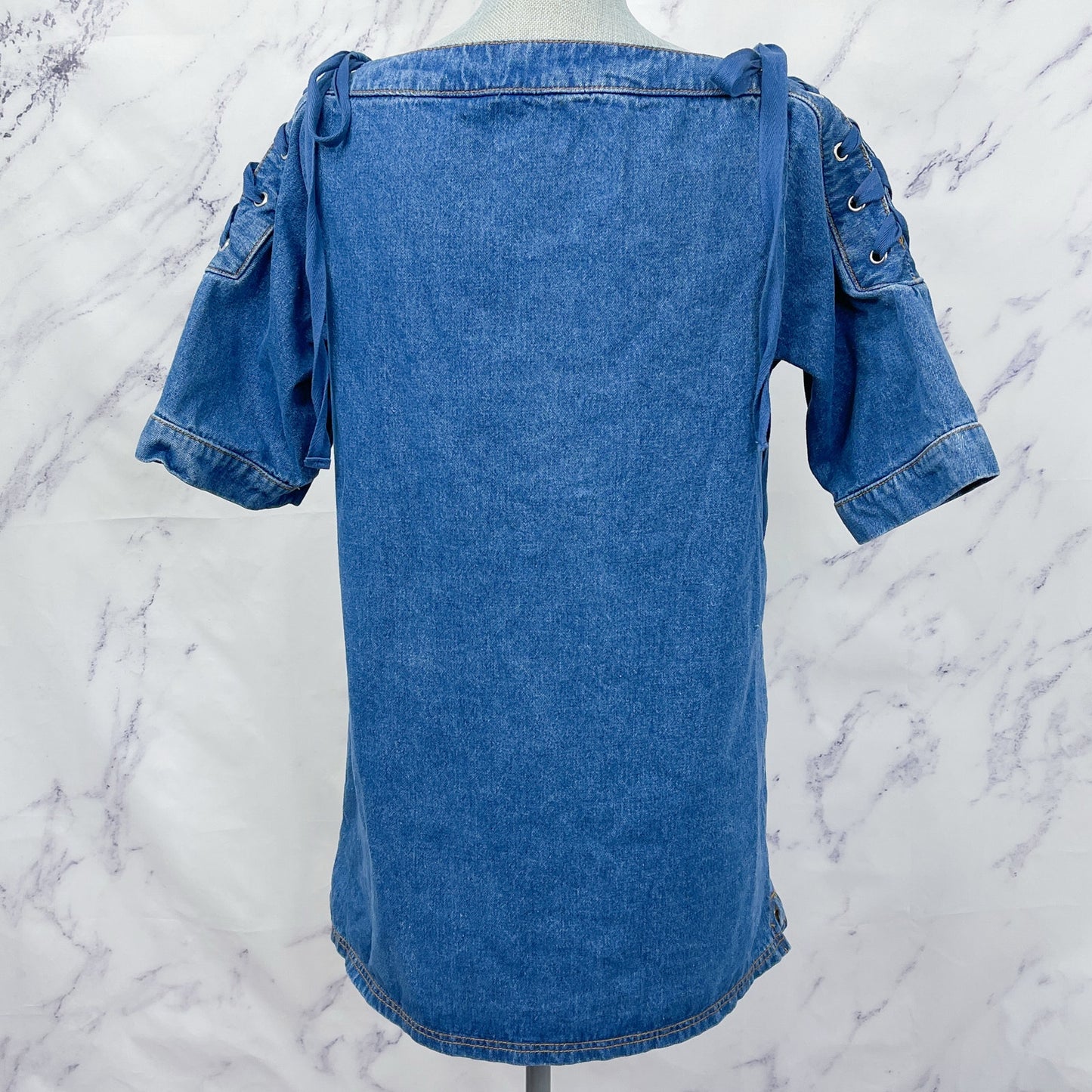 Anthropologie | Maeve | Denim Mini Shift Dress with Lace-Up and Tie Shoulders