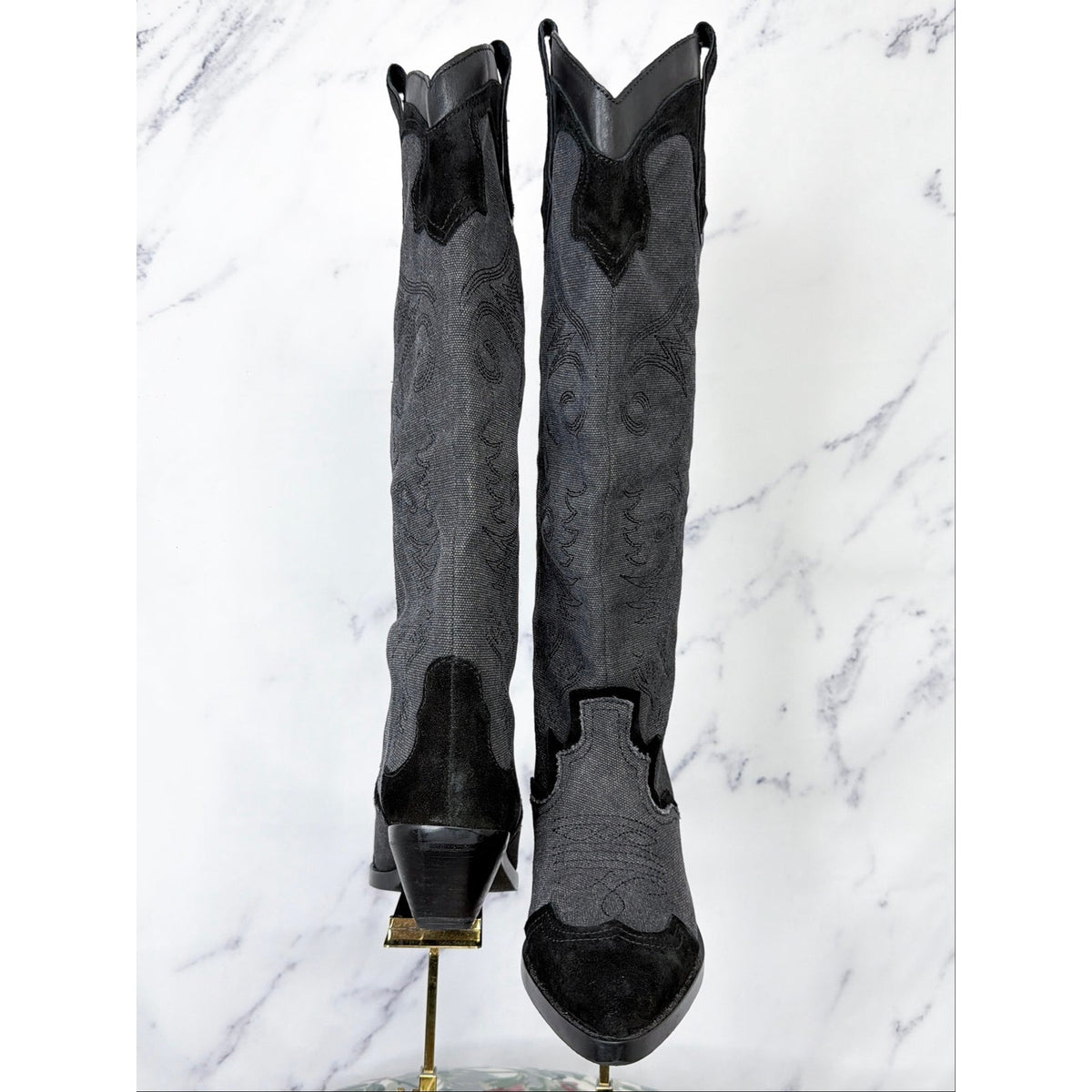 Zara | Denim Suede Embroidered Heeled Cowboy Boots | 39 (US 8)