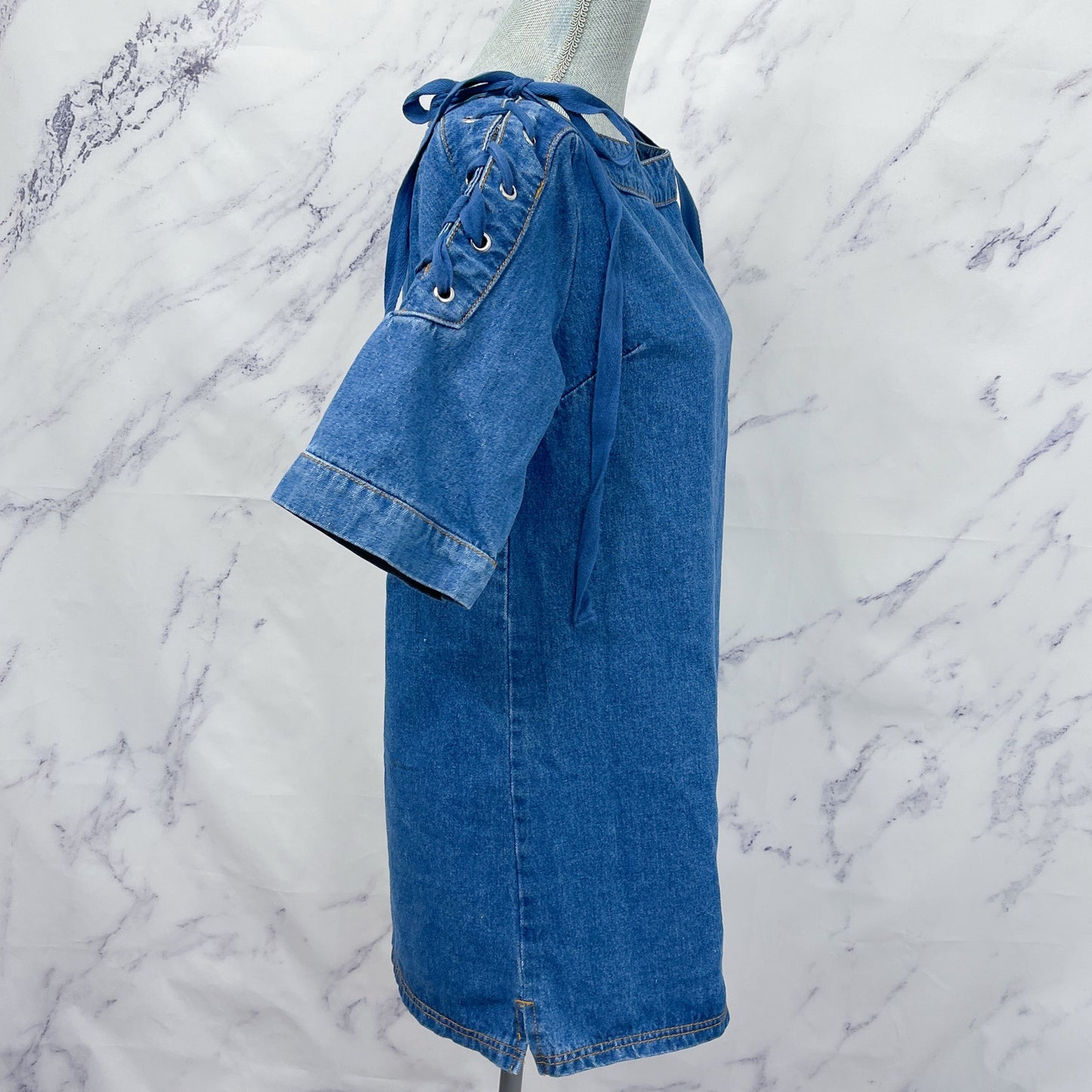 Anthropologie | Maeve | Denim Mini Shift Dress with Lace-Up and Tie Shoulders