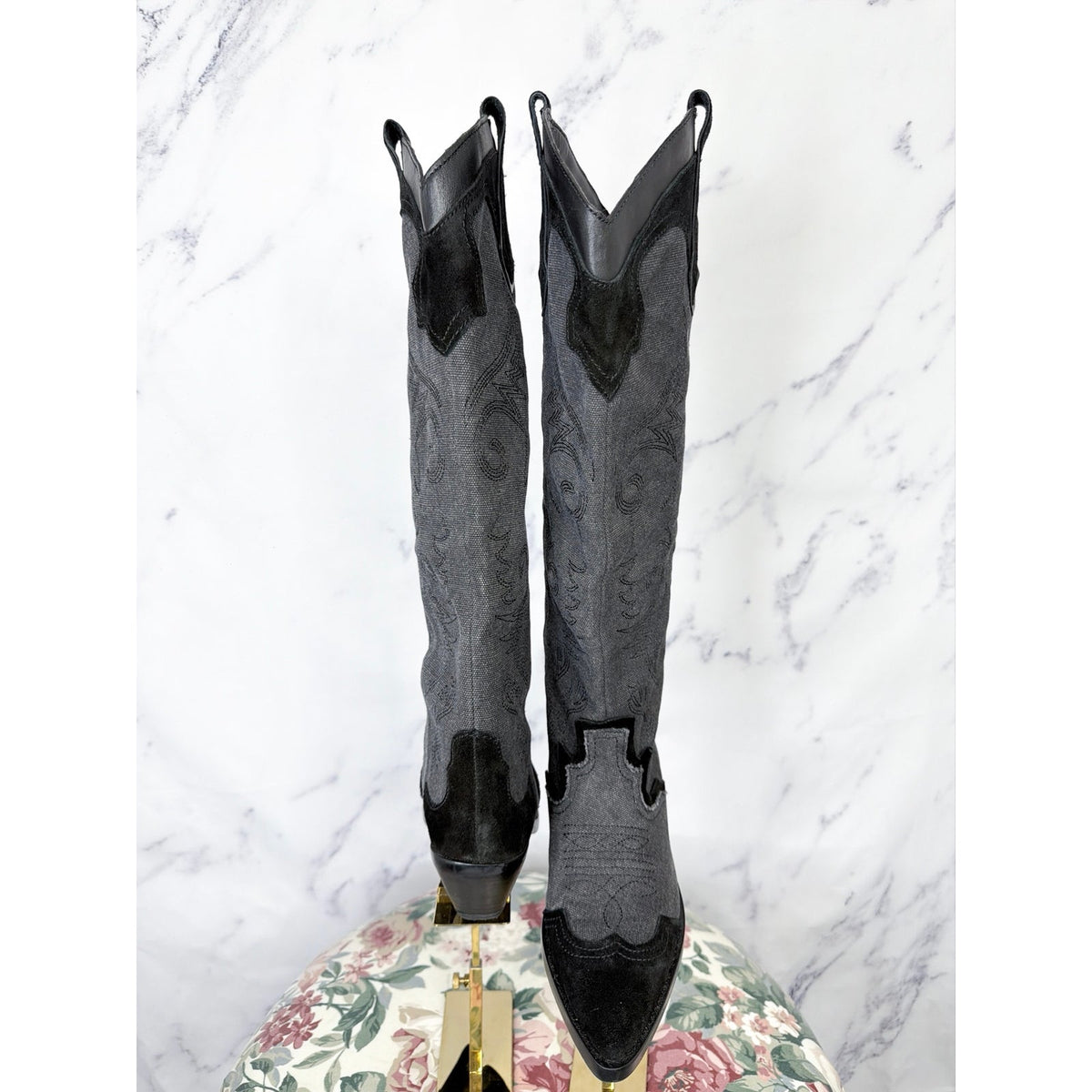 Zara | Denim Suede Embroidered Heeled Cowboy Boots | 39 (US 8)