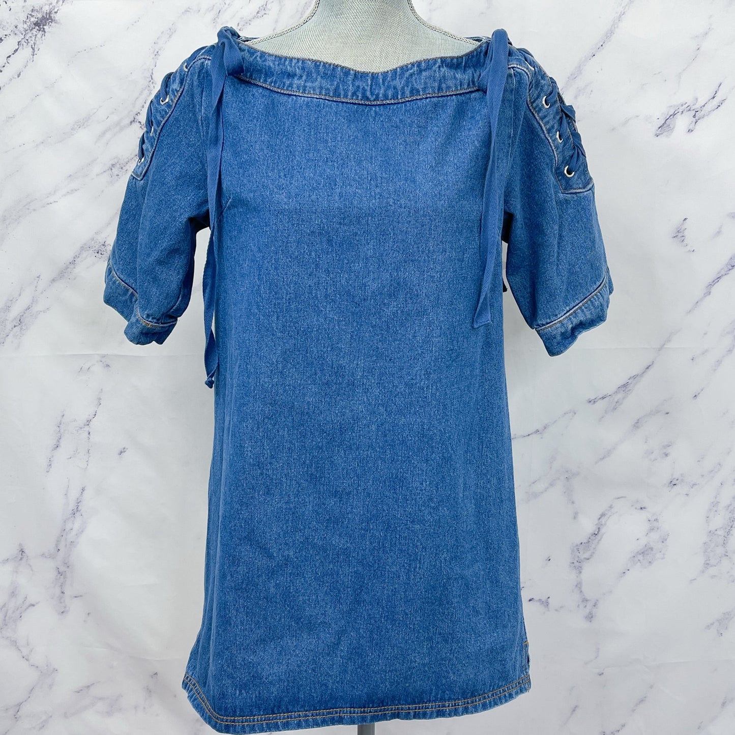 Anthropologie | Maeve | Denim Mini Shift Dress with Lace-Up and Tie Shoulders