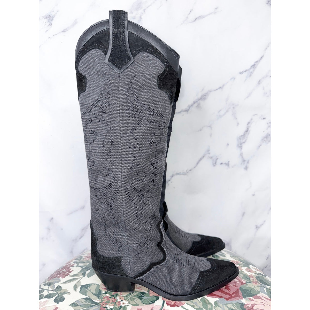 Zara | Denim Suede Embroidered Heeled Cowboy Boots | 39 (US 8)