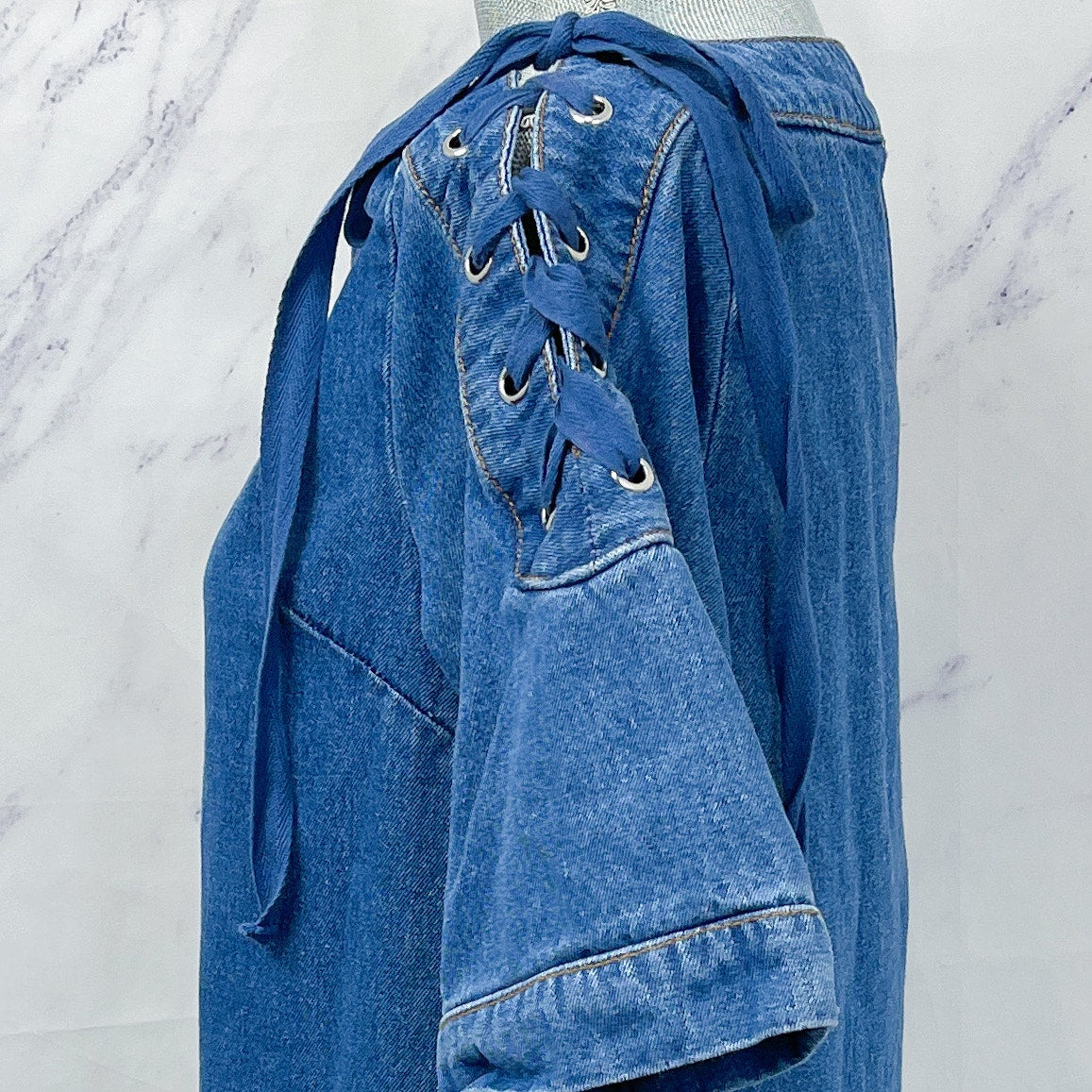 Anthropologie | Maeve | Denim Mini Shift Dress with Lace-Up and Tie Shoulders