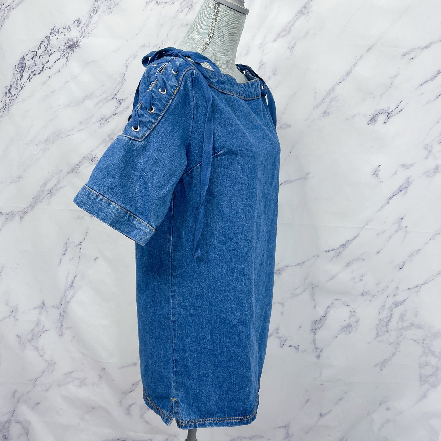 Anthropologie | Maeve | Denim Mini Shift Dress with Lace-Up and Tie Shoulders