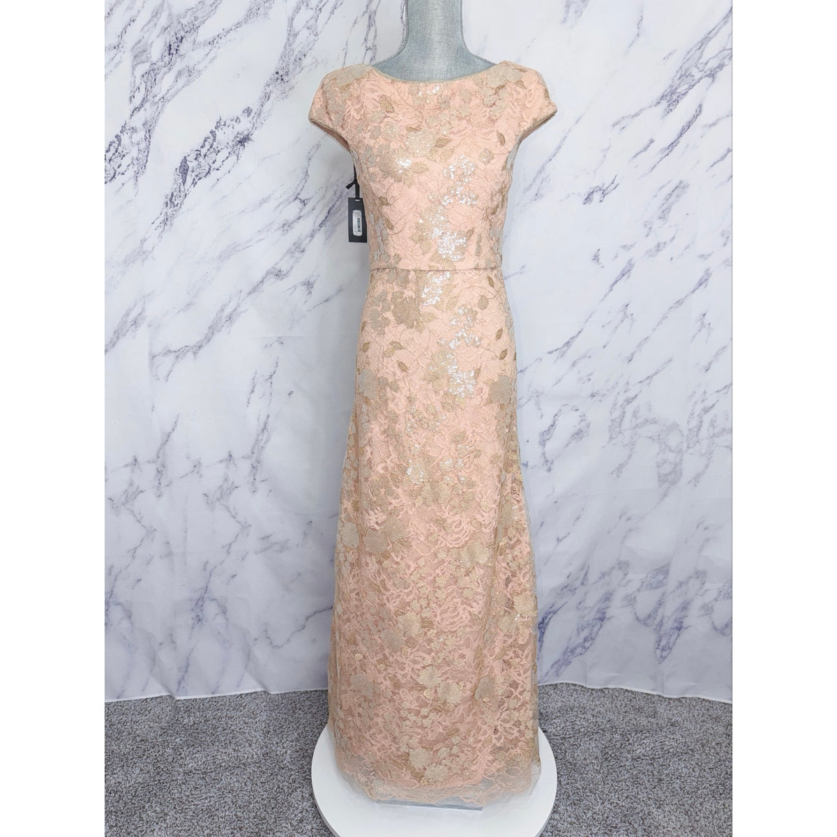Vera Wang | Rose Gold Cap Sleeve Sequin Lace Gown | 4