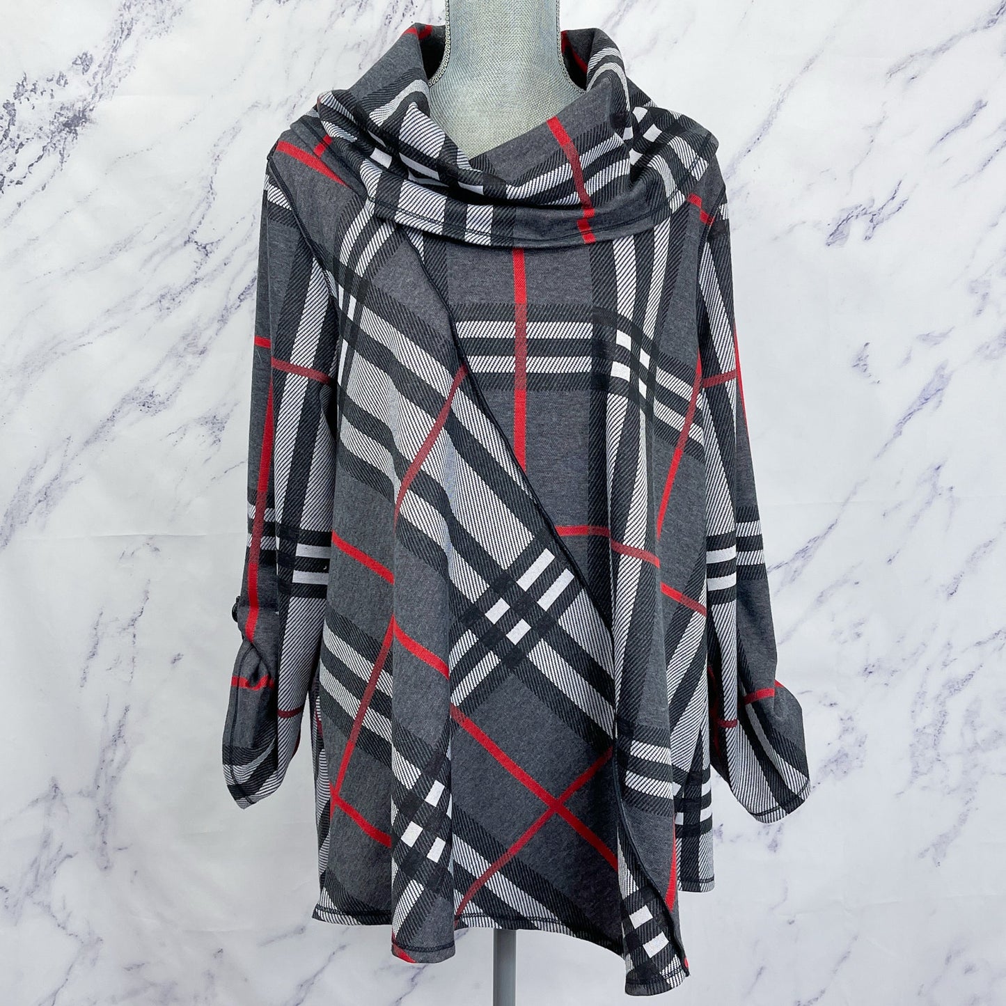 Ali Miles | Plaid Print Cowl Neckline 3/4 Sleeve Poncho | 1X