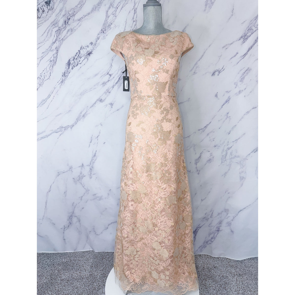 Vera Wang | Rose Gold Cap Sleeve Sequin Lace Gown | 4