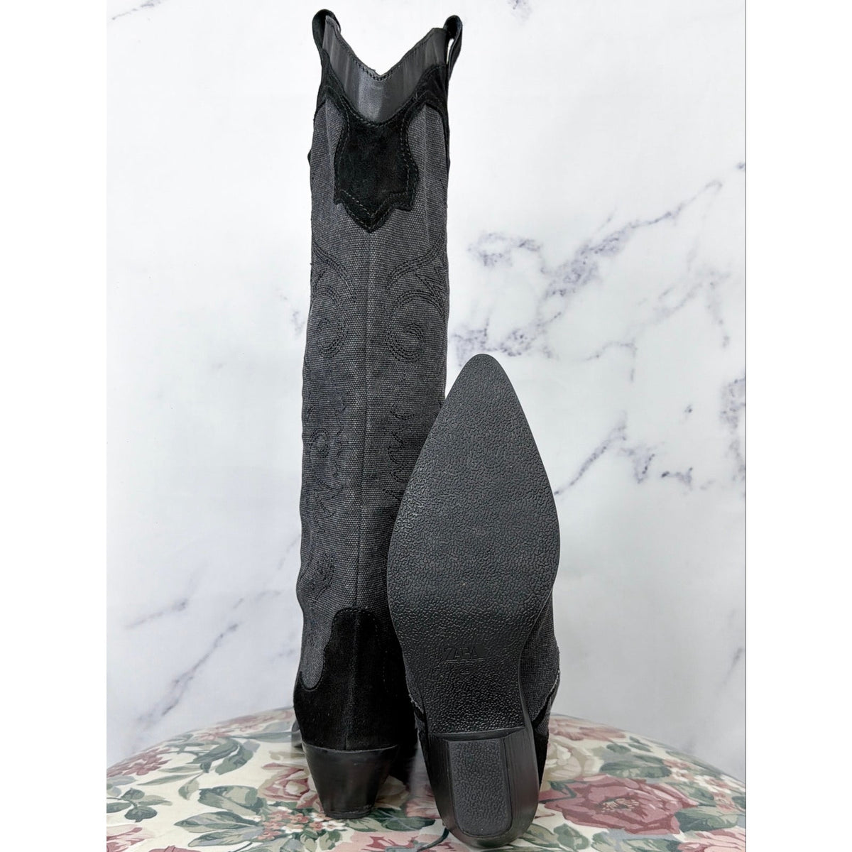 Zara | Denim Suede Embroidered Heeled Cowboy Boots | 39 (US 8)
