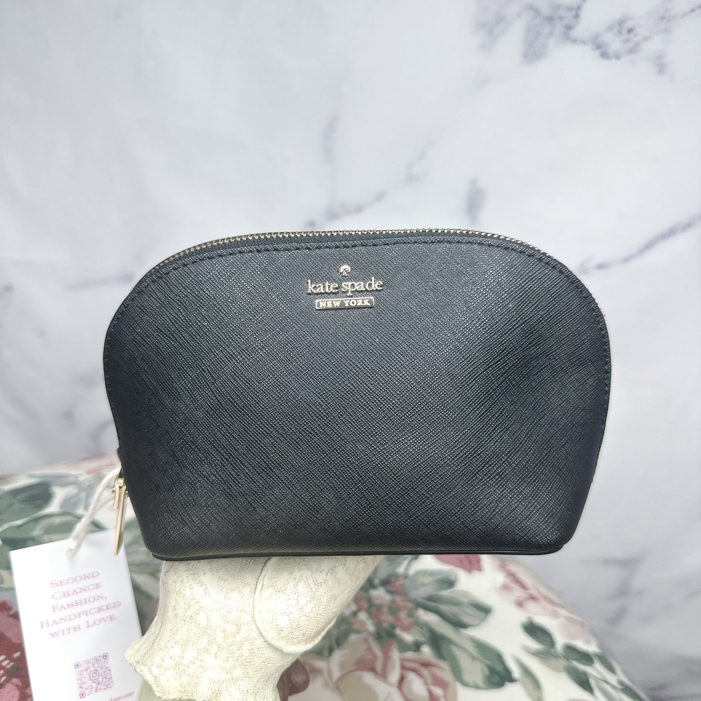 Kate Spade | Black Saffiano Leather Small Black Cosmetic Bag