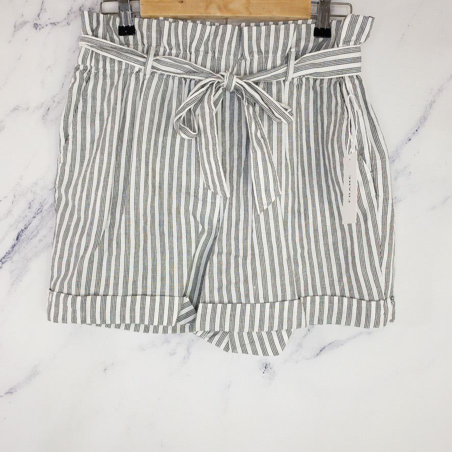 Frame | Striped Linen Blend Paperbag Shorts | Black/White | Size M