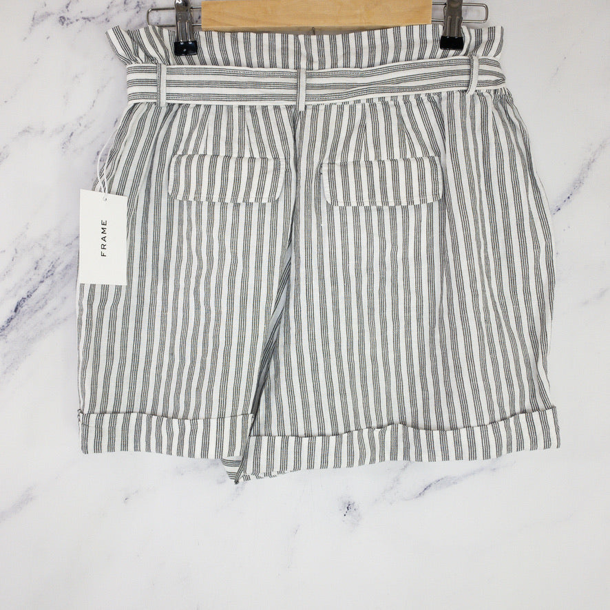 Frame | Striped Linen Blend Paperbag Shorts | Black/White | Size M