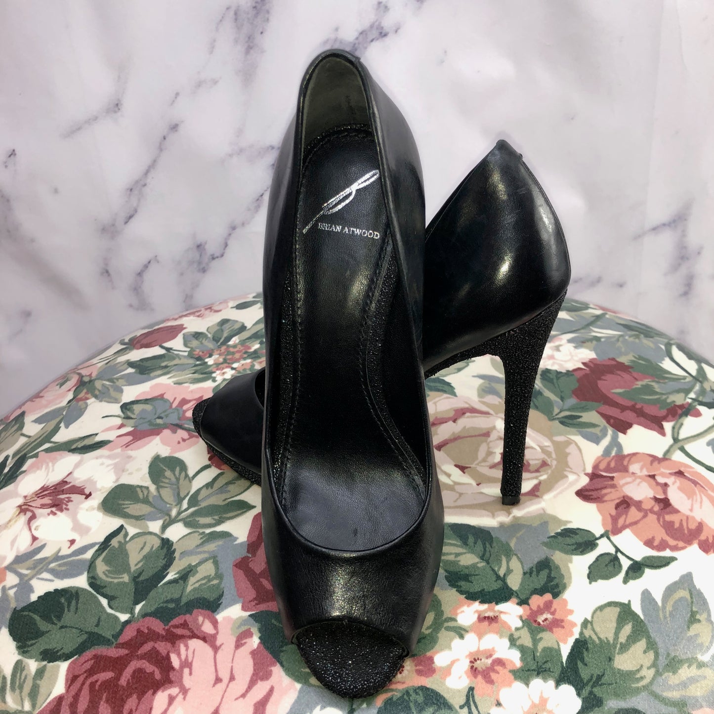 Brian Atwood | Fevora | Sparkle Platform Peep-Toe Heels | Black | Size 7