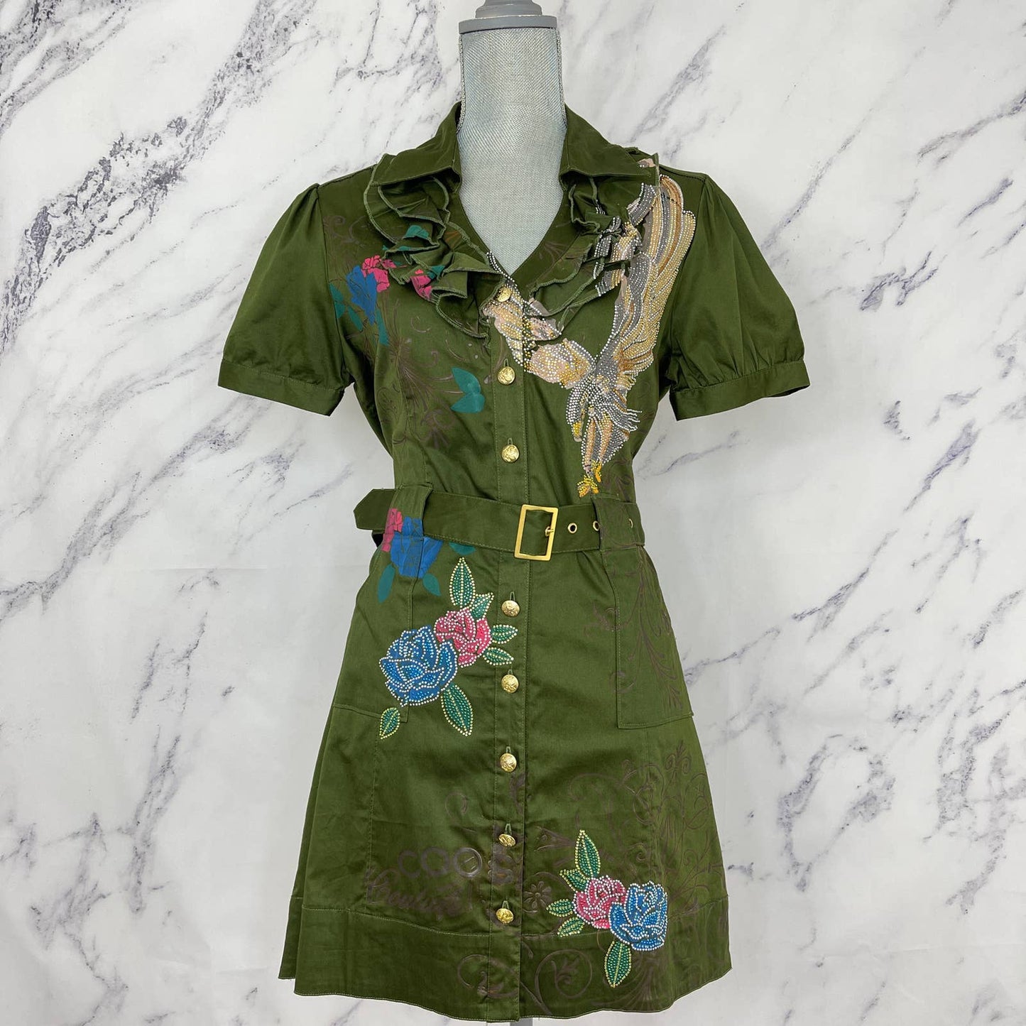 COOGI | Couture Embellished Floral Belted Button-Up Mini Dress | Sz XL